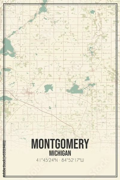 Fototapeta Retro US city map of Montgomery, Michigan. Vintage street map.