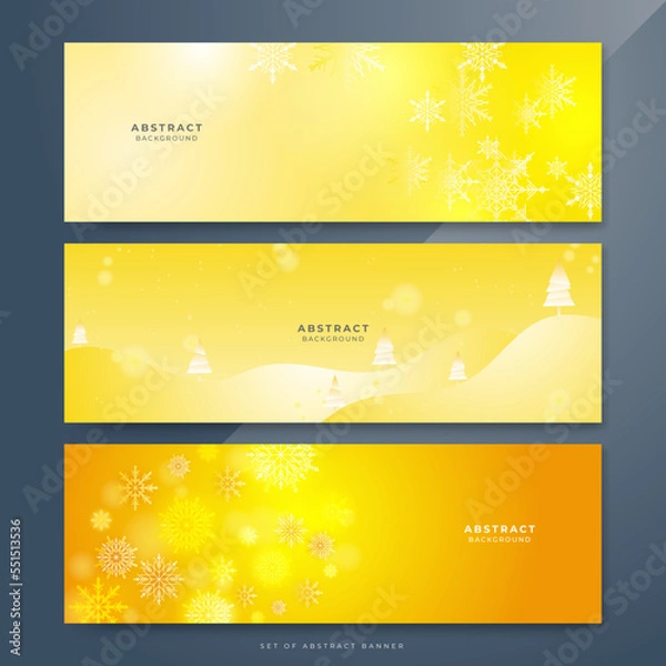 Fototapeta Orange yellow and white christmas wide banner with snowflake bokeh decoration. Winter banner with snowflake. Horizontal new year warm background, headers, posters, cards, website. Vector illustration