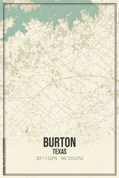 Fototapeta Retro US city map of Burton, Texas. Vintage street map.