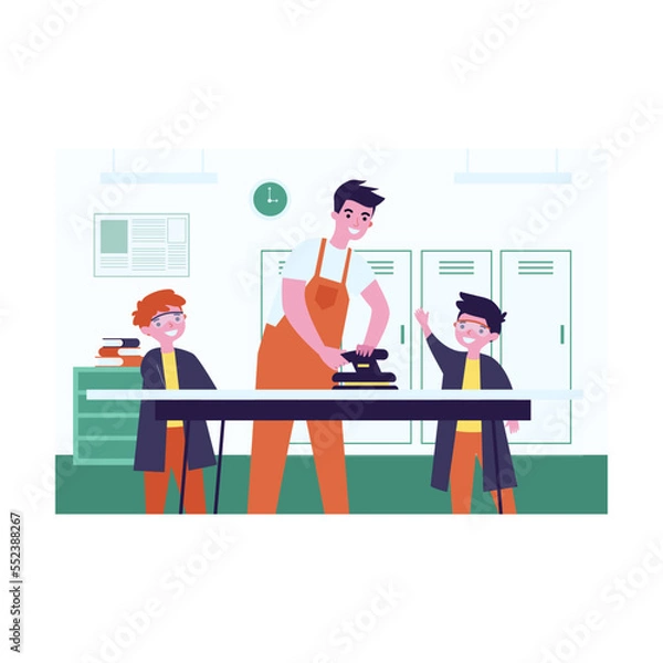 Obraz Teacher and pupils using plane during arts and crafts in school. Students getting new skills flat vector illustration. Education, equipment concept for banner, website design