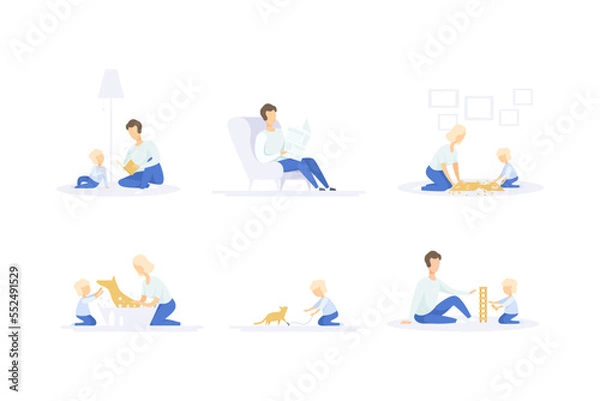 Fototapeta Mom and Dad with Their Son Reading Book, Solving Jigsaw Puzzle, Washing Dog, Playing Jenga and Kitten Spending Good Time Together Vector Set