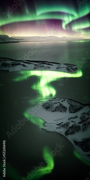 Fototapeta AI-generated Image Of Northern Lights Glowing Over Arctic Fjord