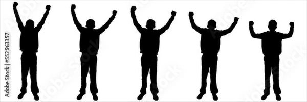 Fototapeta Black silhouettes of standing teenagers. A set of teenagers with raised hands at different heights. Front view, Anfas. The gesture raised hands with joy and admiration. Isolated on a white background