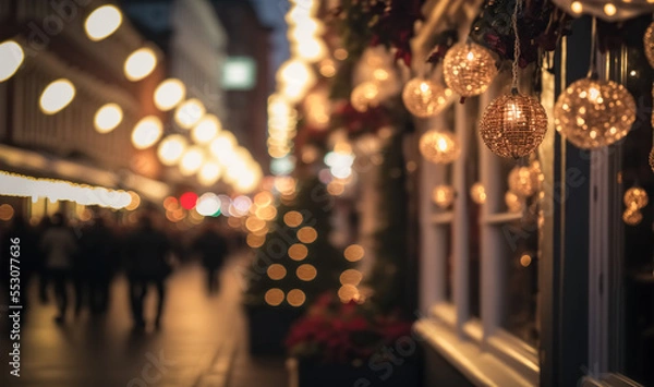 Fototapeta Christmas lights, Christmas decorations on the street. holiday street. Blurred background city street, Christmas decorations and people on the street. Copy space for your text