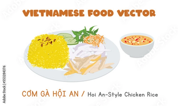 Fototapeta Vietnamese Hoi An style chicken rice flat vector design. Com Ga Hoi An clipart cartoon style. Asian food. Vietnamese cuisine