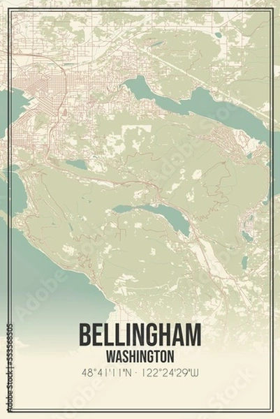 Fototapeta Retro US city map of Bellingham, Washington. Vintage street map.