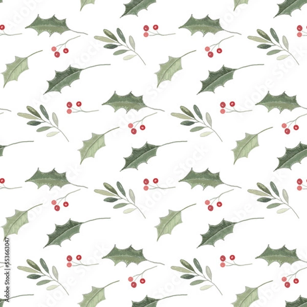 Fototapeta decorative seamless pattern with holly and red berries