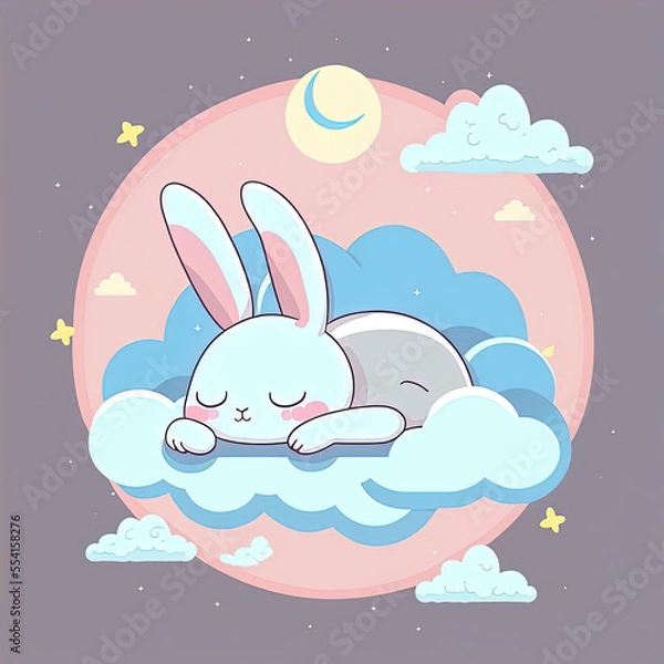 Fototapeta Cute Rabbit Sleep on a Cloud. KAWAII Stylish Comic Stamp. Flat Minimalist Design Art. For UI, WEB, Novel, Game, AD, Poster