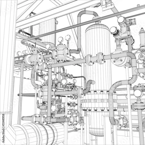 Fototapeta Wire-frame industrial equipment on the white background