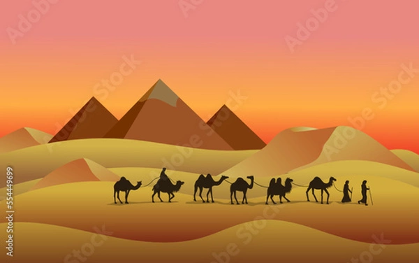 Fototapeta Egypt pyramids. Camels in Egyptian desert. Caravan silhouette in sunset or sunrise scenery. Bedouins travel in sands of Sahara. African panorama. Vector illustration current background