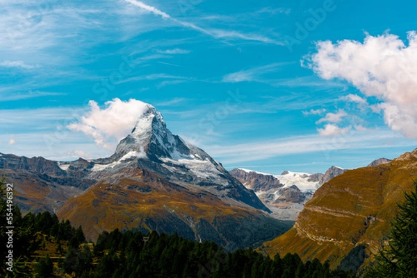 Fototapeta Zermatt Matterhorn with panoramic views in Sunnegga. Five lakes flowers trail. Hiking path.