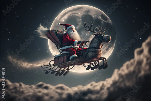 Fototapeta Merry Christmas and happy holidays! Santa Claus flying in his sleigh on background moon sky. Christmas story concept.