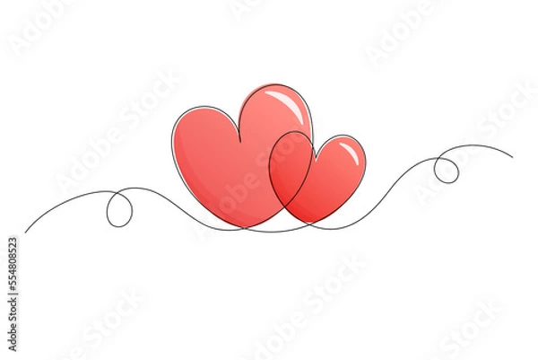 Fototapeta Two pink hearts line art isolated on white. Valentine's day vector illustration