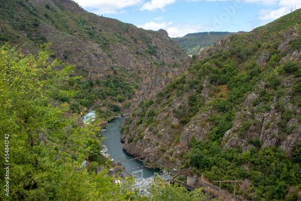 Fototapeta The Santo Estevo Reservoir and Hydroelectric plant in Ourense, Spain. Dam station on river Sil.