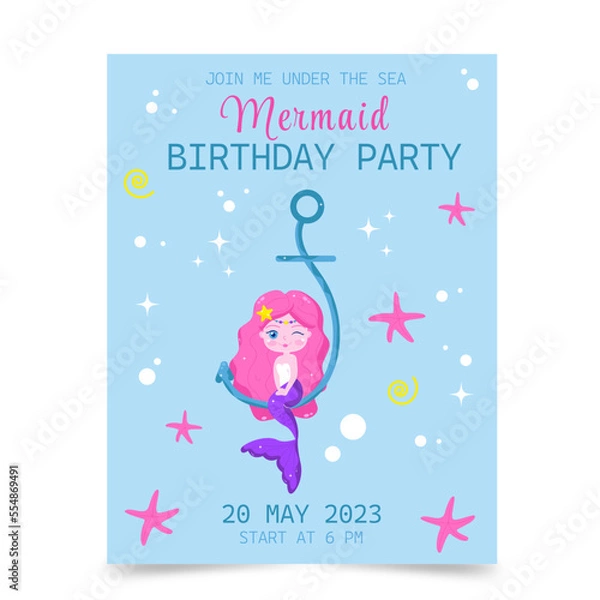 Fototapeta Invitation to a birthday party mermaid. Vector