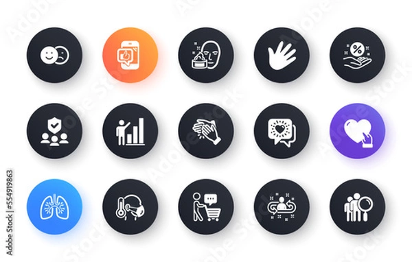 Fototapeta Minimal set of Like, Loan percent and Mobile like flat icons for web development. People insurance, Sick man, Graph chart icons. Clapping hands, Volunteer, Friends chat web elements. Vector