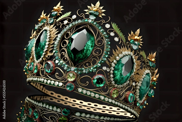 Fototapeta A precious crown with emeralds, a royal decoration.