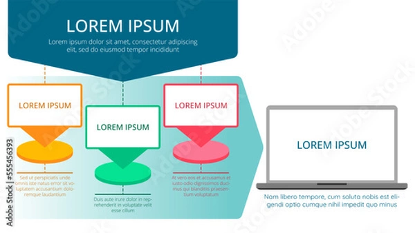 Fototapeta Colorful infographics 16:9 of the process with the output of the final information on the laptop screen. Presentation slide vector template with graphics and text isolated on transparent background