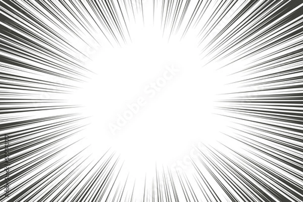 Fototapeta Speed lines in frame for manga comics book. Radial motion background. Monochrome explosion and flash glow. Vector