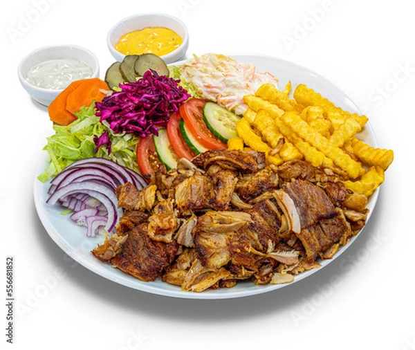 Fototapeta Doner kebab with french fries and salad on a white plate, isolated