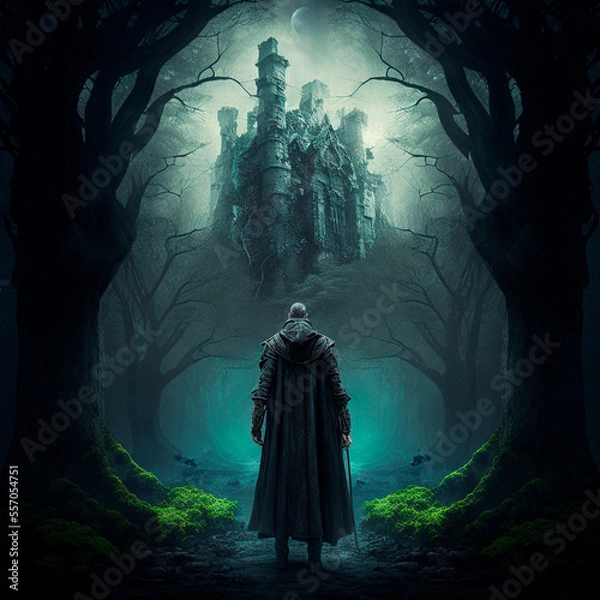 Fototapeta A man walks to the ruins of an ancient castle. High quality illustration