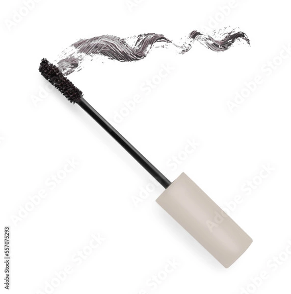 Fototapeta Applicator brush and brown mascara stroke on white background, top view