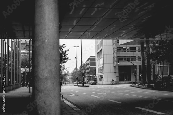 Fototapeta Black and white architecture of building under the bridge