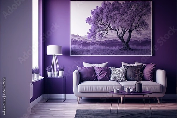 Fototapeta Purple room with sofa. Living room interior. Scandinavian interior. Generative AI