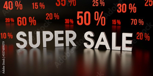 Fototapeta Super Sale, banner and sign. Silver shiny letters surrounded by different red percentage signs, 10% 20%, 30%, 50% and 70%. 3D illustration