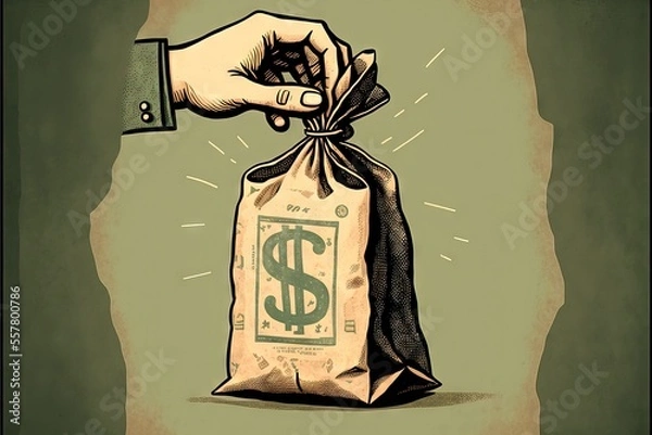 Fototapeta A Hand Holding a Bag of Dollars, as a symbol of money and richness in general.