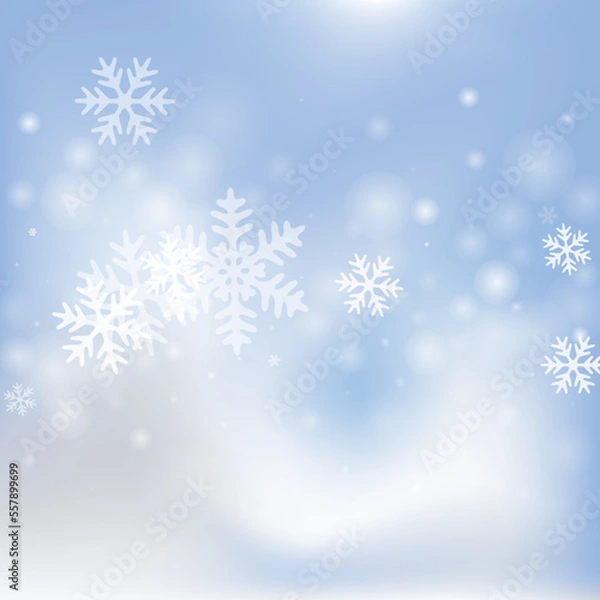 Fototapeta Simple flying snowflakes design. Snowfall fleck ice granules. Snowfall weather white blue composition. Filigree snowflakes january vector. Snow nature scenery.