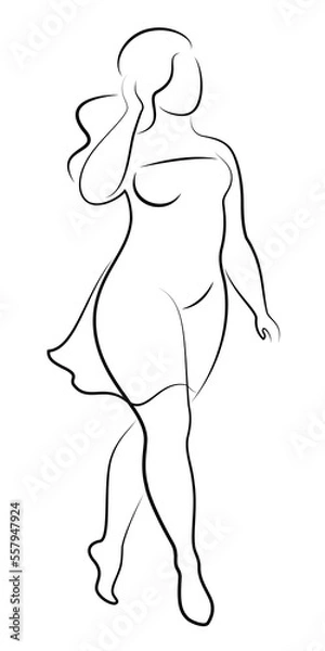 Fototapeta Beautiful woman figure silhouette in modern single line continuous style. The girl is overweight. The lady is standing. Vector illustrations.