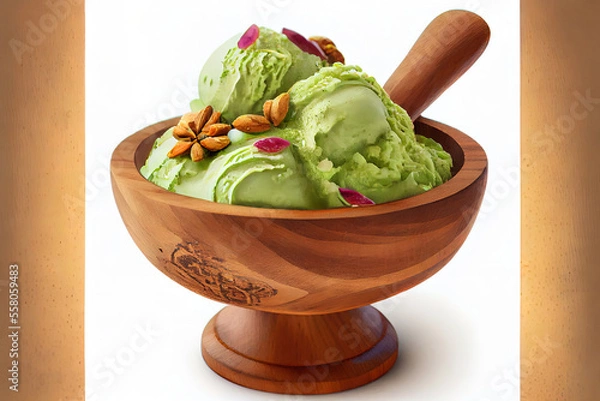 Fototapeta Pistachio ice cream in wooden bowl food