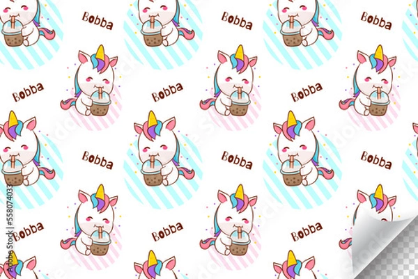 Fototapeta Cute unicorn seamless pattern. Adorable pony horse cartoon character. Hand drawn Kawaii animal pattern. Endless background for textiles, notebooks, cards and children birthday celebrations. 