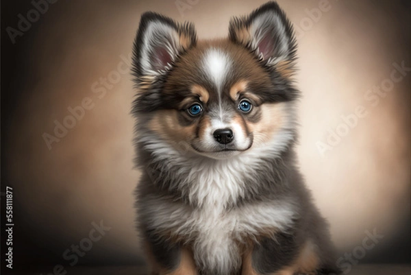 Fototapeta Pomsky portrait, breed of dog, hybrid of the Pomeranian and the Siberian Husky. Generative AI. 