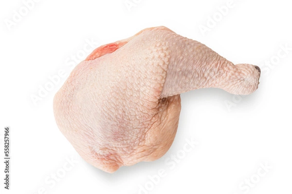 Fototapeta Raw chicken leg on white background. Top view

