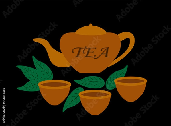 Fototapeta teapot and cup of tea on black background