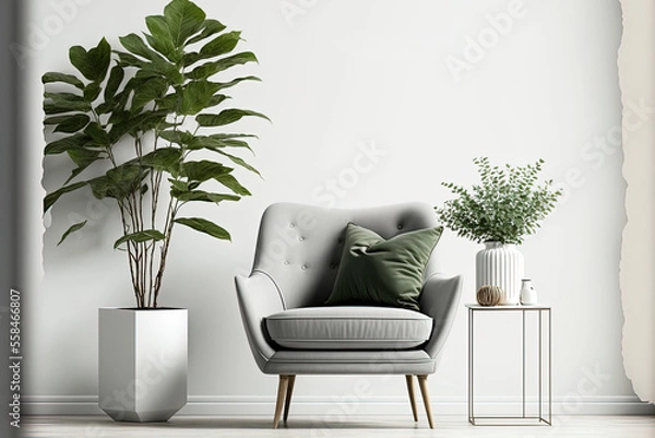 Fototapeta On a white wall background, a mockup of a Scandinavian style interior wall is shown with a gray velvet recliner, a pillow, and some plants. Generative AI