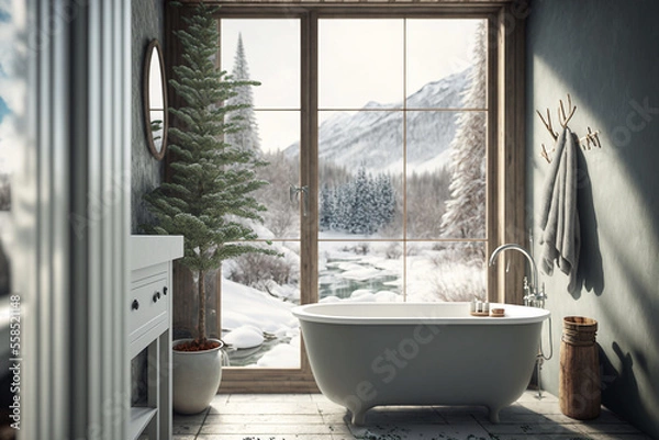 Fototapeta Bright new bathroom with large windows, bathtub and view of the snowy landscape, Scandinavian interior design, AI Generative