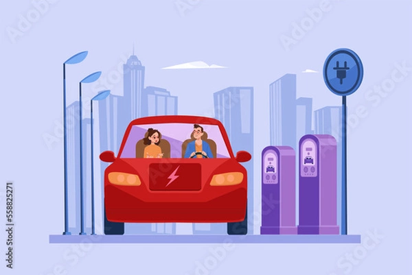 Fototapeta Couple riding electric car