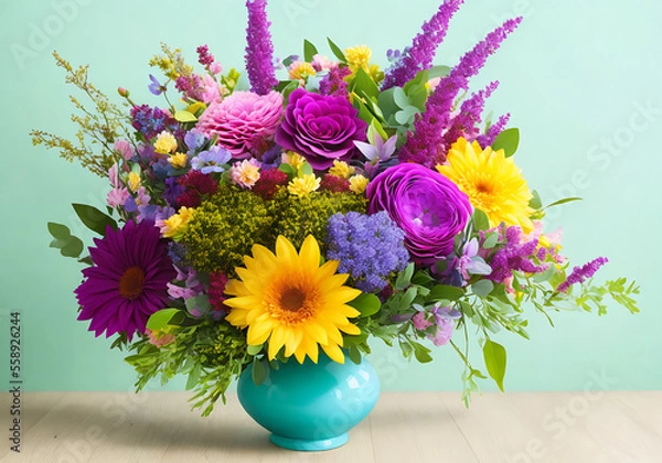 Fototapeta Beautiful, vivid, colorful mixed flower bouquet still life detail Generative AI