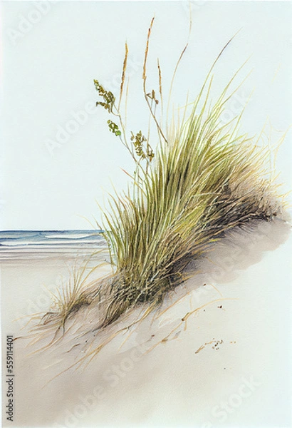 Fototapeta Watercolor depicting coastal dunes, beach Grass, sand, driftwood, calm ocean - generative ai