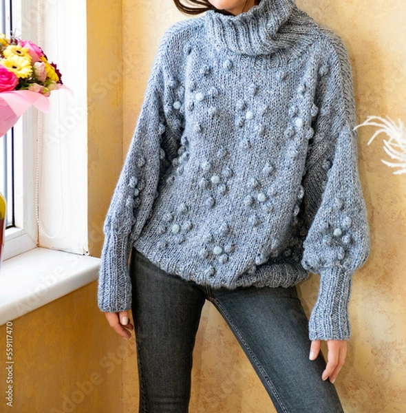 Fototapeta Handmade knitted winter sweater ,woman in knitted clothes	