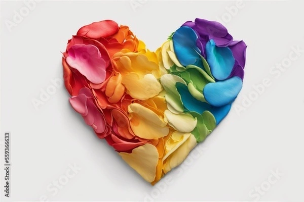 Fototapeta A heart shaped with rainbow-colored petals representing the LGBTQI community on a white background. Concept of love, Valentines Day, Freedom to Marry Day, gay wedding celebration, generative ai