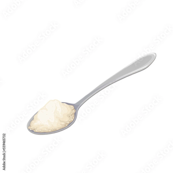 Fototapeta Spoon with flour vector illustration. Cartoon metal tablespoon with wheat flour pile for making dough and baking bread, cake in bakery and home kitchen, food ingredient to add to meal recipe