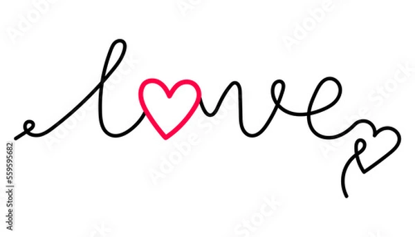 Fototapeta Handwritten inscription Love with a red heart. Isolated vector illustration. A word in the style of linart, minimalistic design.