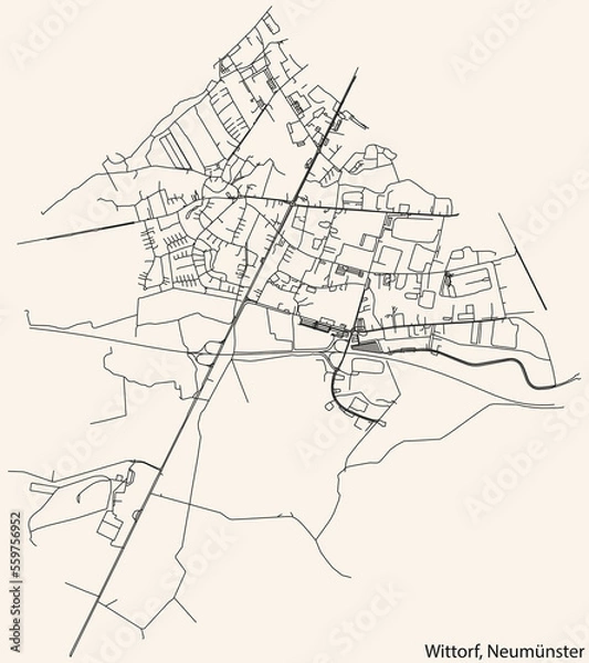 Fototapeta Detailed navigation black lines urban street roads map of the WITTORF QUARTER of the German town of NEUMÜNSTER, Germany on vintage beige background