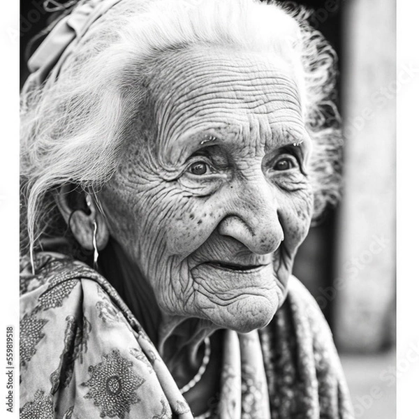 Fototapeta Old woman's face closeup with deep wrinkles and dramatic look generative ai portrait