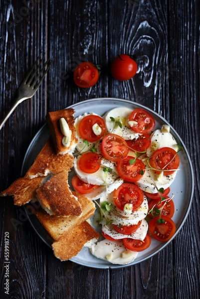 Obraz Healthy salad with tomatoes, mozzarella and croutons. Panzanella salad.