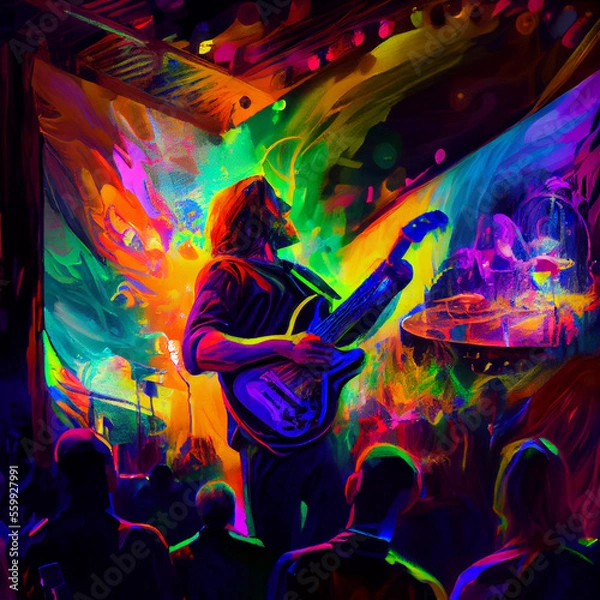 Fototapeta Artist with guitar playing rock concert. Generative AI.